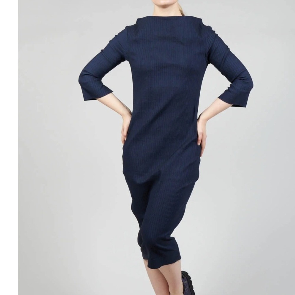 Navy Ribbed Midi Dress - Classic Boatneck
